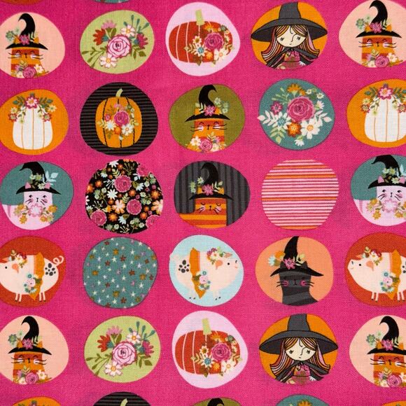 Kitty Loves Candy by Poppie Cotton - Pink Halloween Cat Witch Pumpkin - 1 Yard - Picture 2 of 9